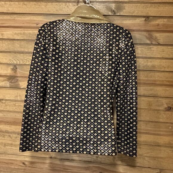 St. John Evening Black Gold Knit Jacket Zip Paillettes Rhinestone W/Scarf Sz 2 - Picture 8 of 15